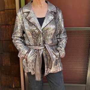 Jacket- silver sequins jacket with snap front closure, belt, Chico’s,size 6/8/10